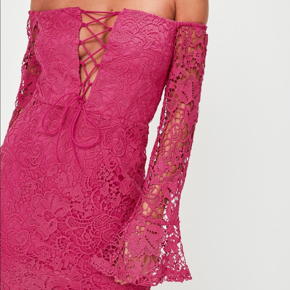 Pink crochet bardot lace up front bodycon dress